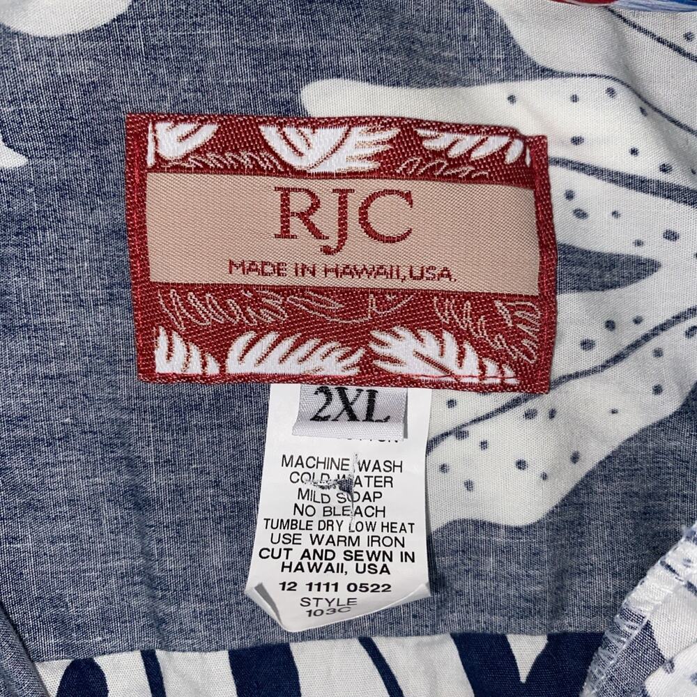 RJC Hawaiian Shirt Blue Palm Leave Tropical Print Made in HAWAII 2XL 100% Cotton - Picture 2 of 8